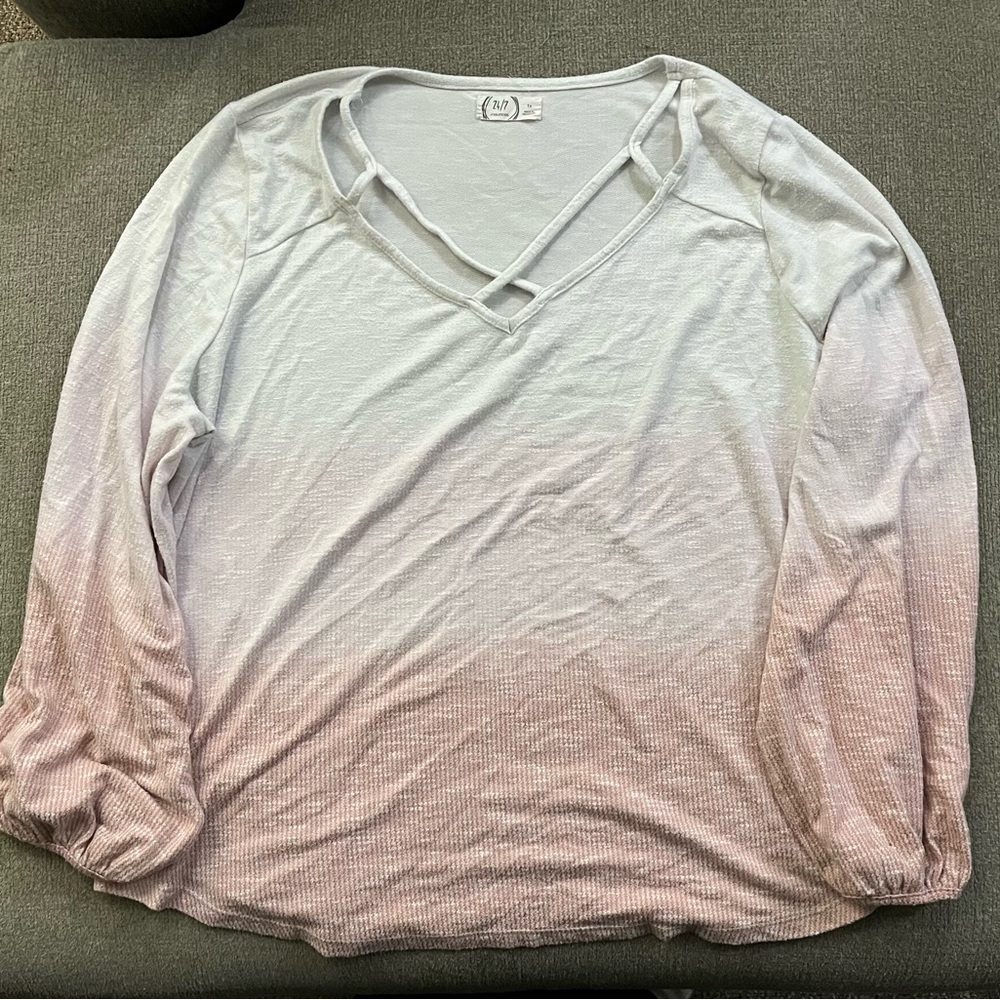 24/7 Maurice’s V-Neck Pink And White Ombre Long Sleeve Top With Cuffed Sleeves